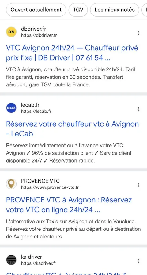 Résultats de recherche Google pour vtc avignon, le site dbdriver.fr apparaît en tête