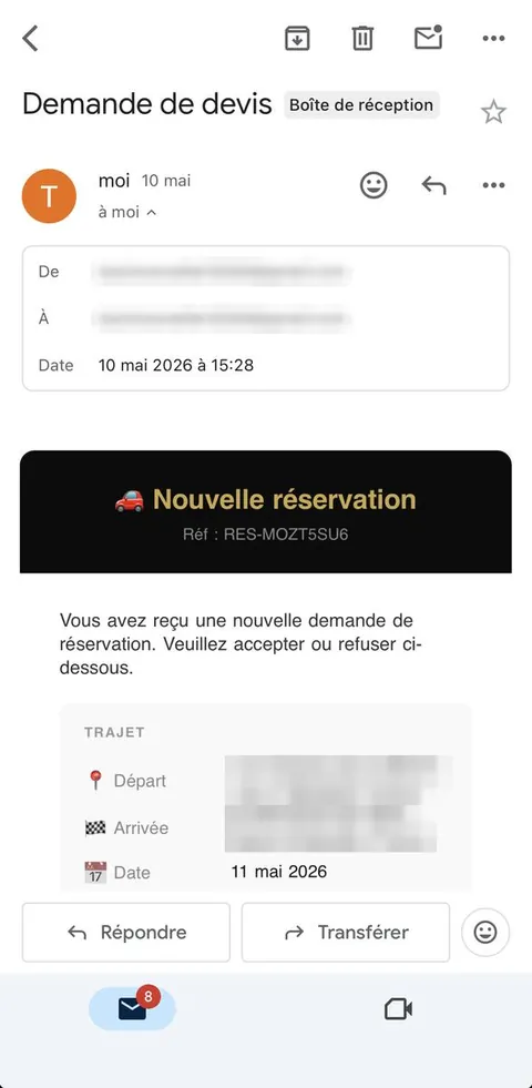Email de demande de devis reçu depuis un site VTC