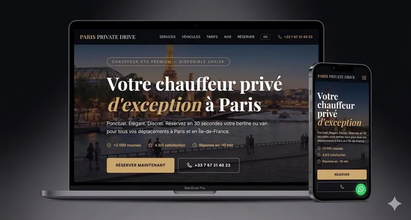 Page d’accueil du site Paris Private Drive, VTC haut de gamme à Paris